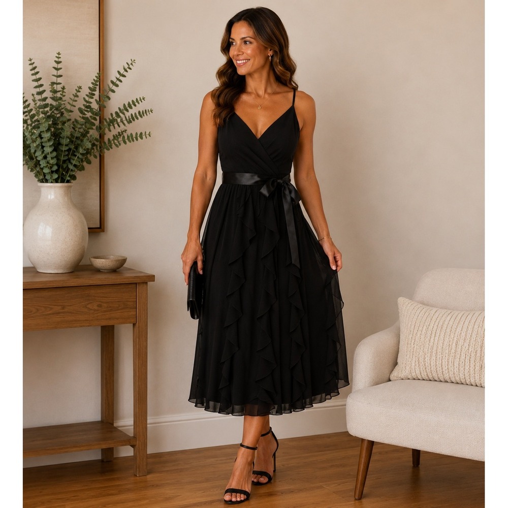 Scarlett Womens Black Ruffle Tiered Cocktail Dress Satin Bow Empire Waist Size 8